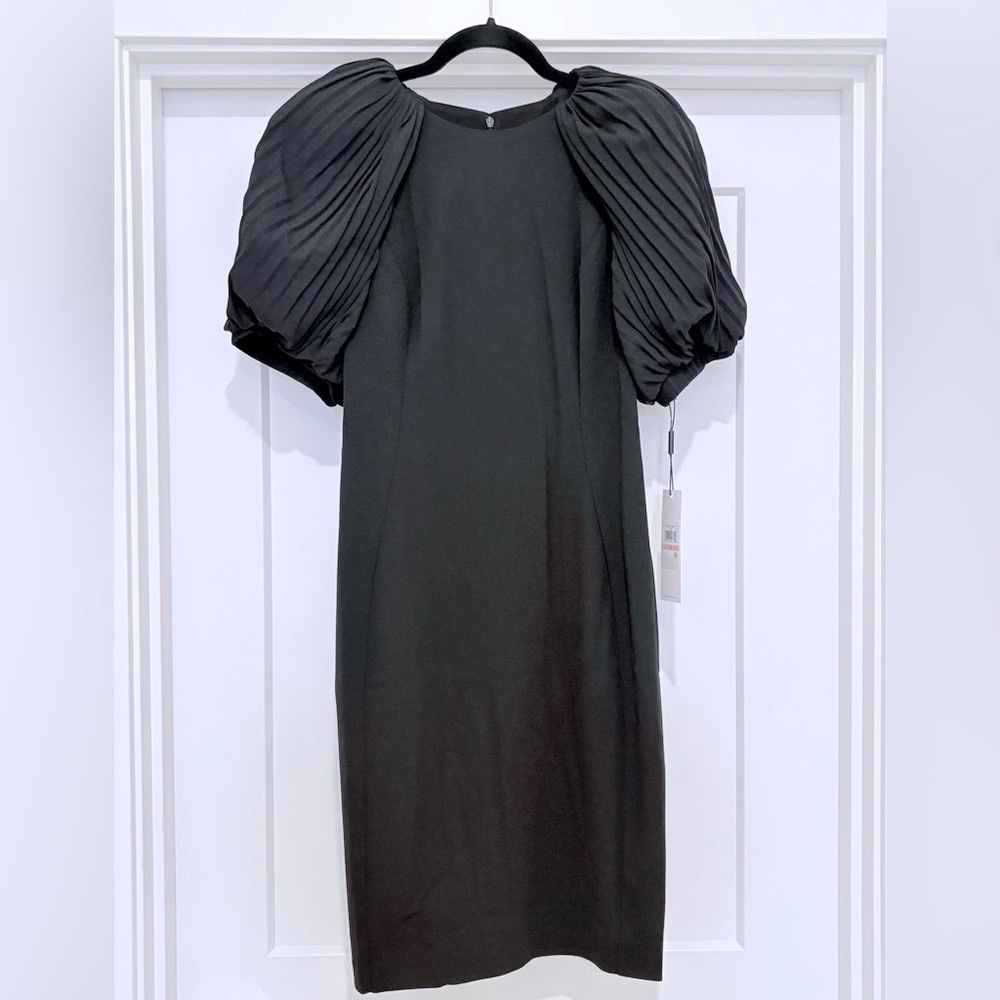 NWT [Calvin Klein] Midi Puff Pleated-Sleeve Stretch Sheath Dress Black Womens 10 - Picture 3 of 12